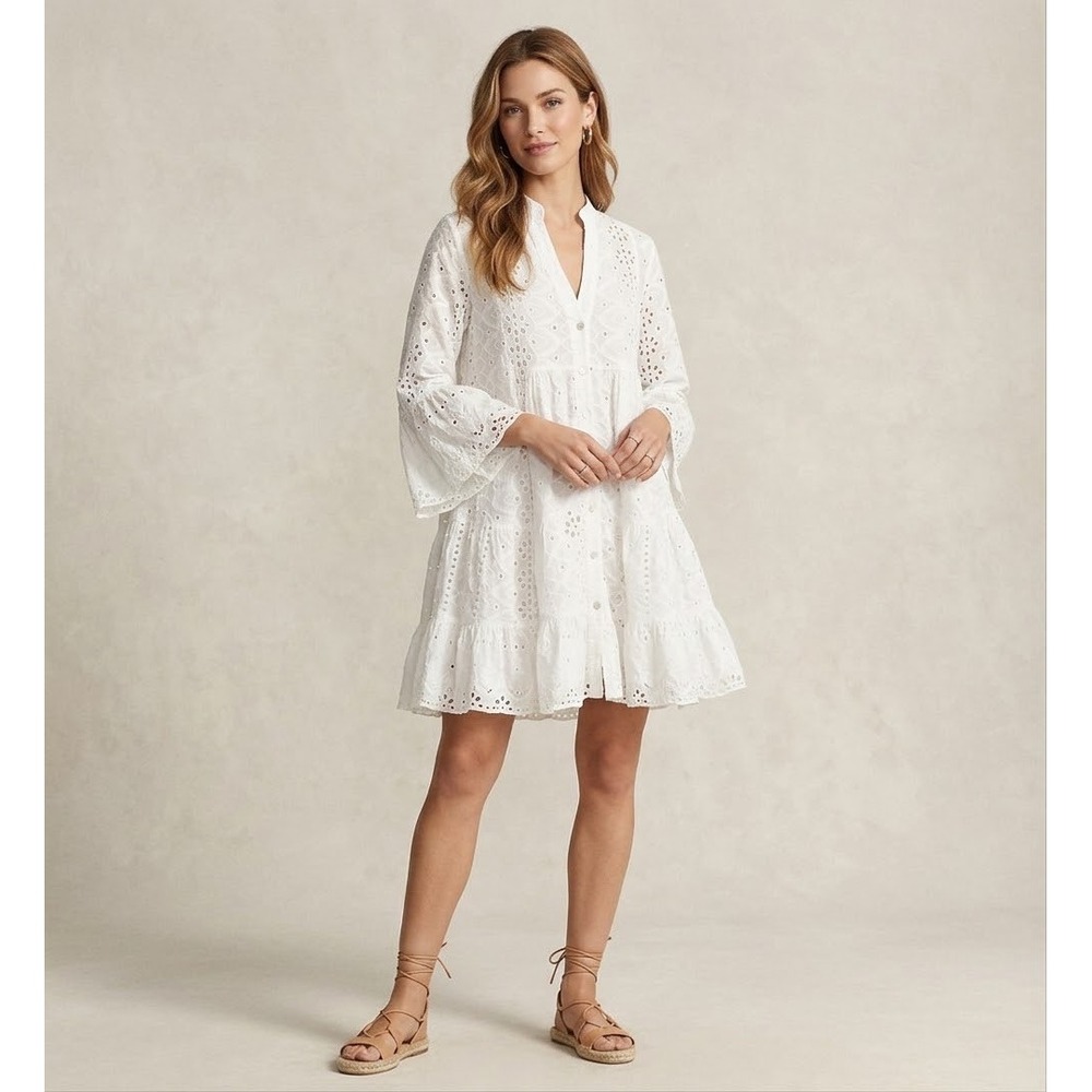 Chocolate Preppy White Eyelet Cotton Tiered Mini Dress OS Made in Italy Coastal